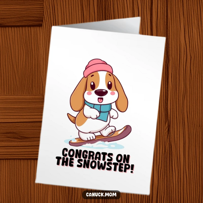 Funny Free Printable Congratulations Card: Basset Hound Navigating with a Snowshoe, Careful Steps