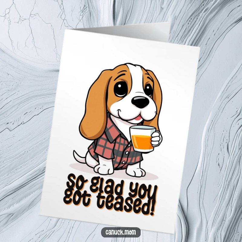 Funny Free Printable Congratulations Card: Basset Hound in plaid serving tea, perfect for any achievement.