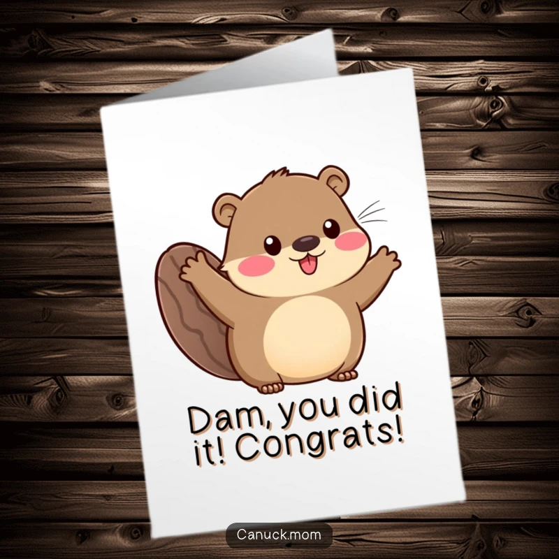 Funny free printable congratulations card of an animal with a beaver tail enthusiastically waving hello, celebrating success.