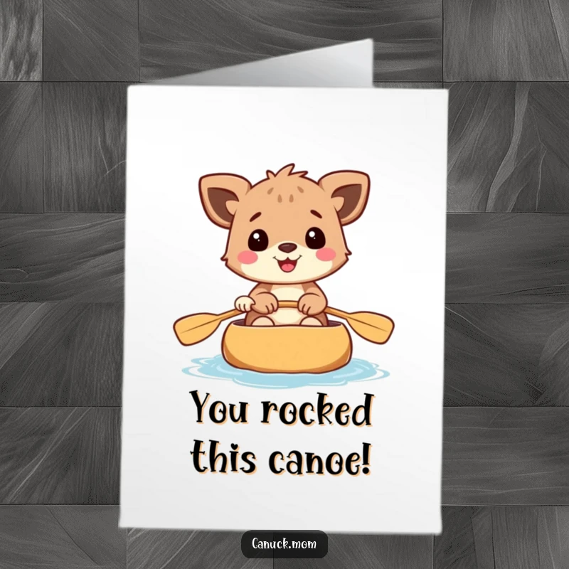 Funny Free Printable Congrats Card: Joyful animal paddling a canoe, celebrating arrival and success. DIY.