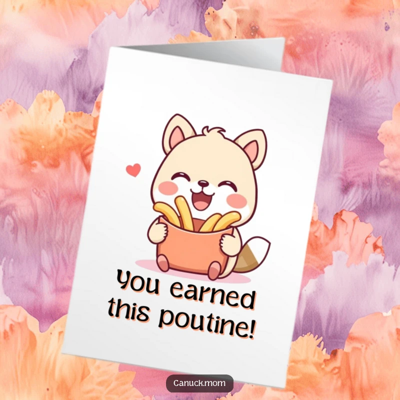 Funny Free Printable Congratulations Card: Smiling animal happily holding a plate of poutine, celebrating success.