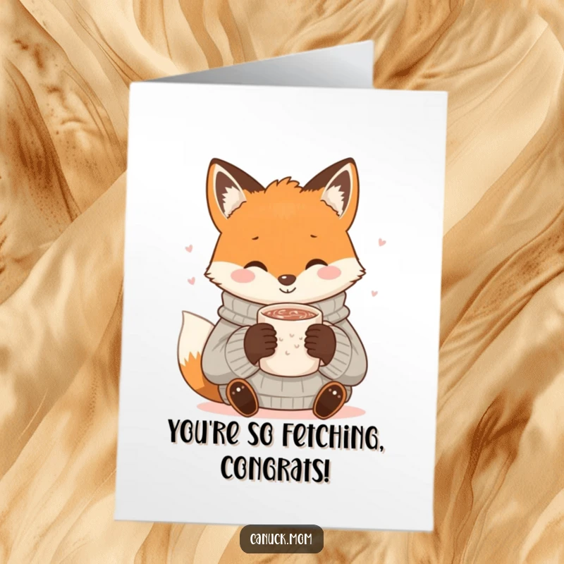 Funny Free Printable Congrats Card: Fox in a cozy sweater, smiles while sipping hot cocoa, sharing warmth.