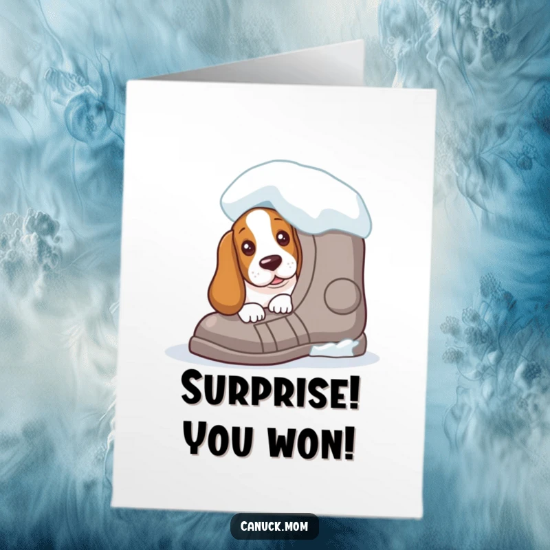 Funny Free Printable Congratulations Card: Basset Hound curiously peeking from behind a giant snowshoe, full of wonder.