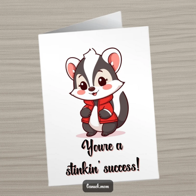 Funny Free Printable Congrats Card: A friendly skunk sporting a red jacket congratulates you warmly.