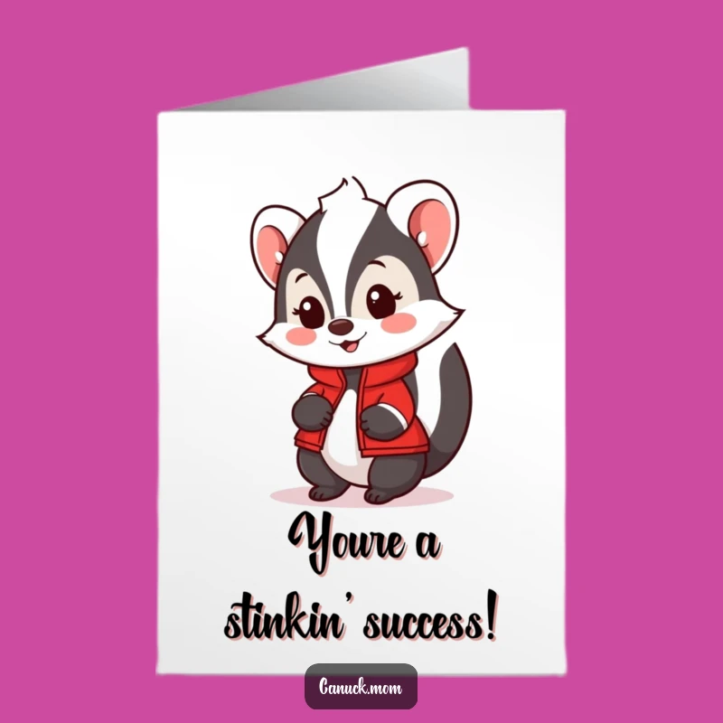 Free Printable Congrats Card: Friendly Skunk Red Jacket - Funny Downloadable Gift