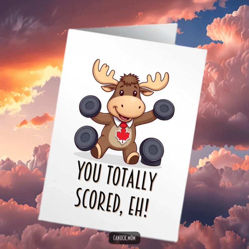 Funny free printable congratulations card, moose with maple leaf tie happily juggling hockey pucks, sports, celebration, achievement.
