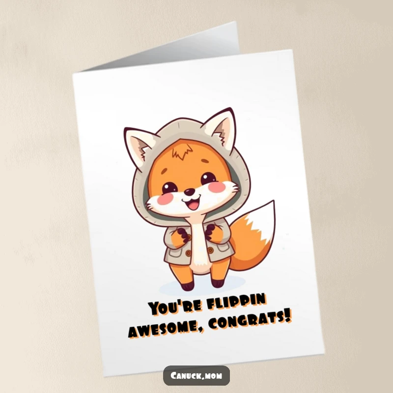 Funny Free Printable Congratulations Card: Cheerful fox in a warm parka joyfully chasing snowflakes, perfect for celebrating wins.