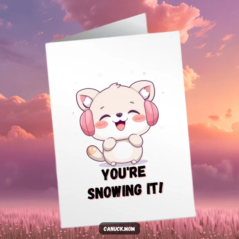 Funny Free Printable Congratulations Card: Animal in earmuffs laughing hysterically while catching snowflakes, celebrating a win.