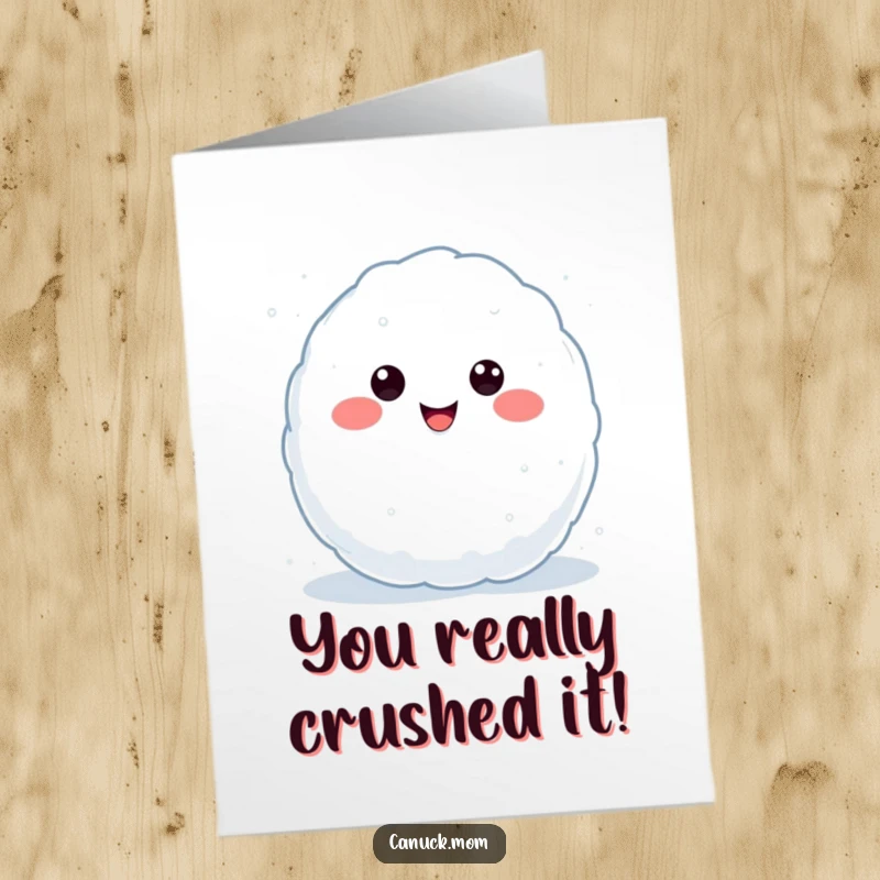 Funny Free Printable Congratulations Card: Adorable Kawaii snowball character smiling, mid-throw, ready to celebrate a win.