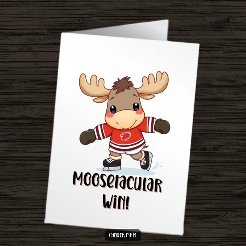 Funny Free Printable Congrats Card: A happy moose in a hockey jersey skates with joy, celebrating a triumphant achievement.
