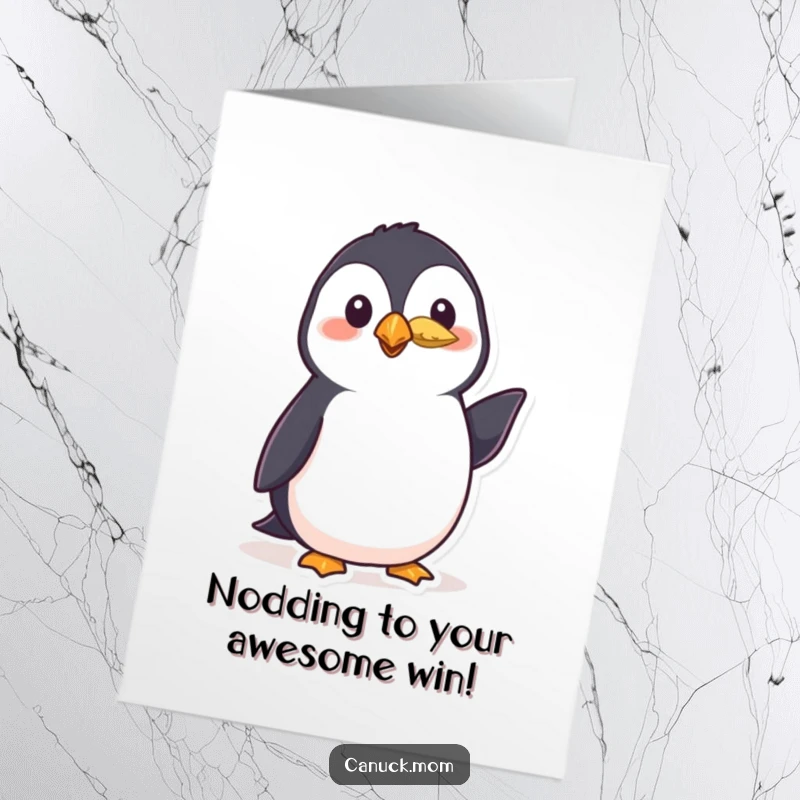Funny Free Printable Congrats Card: A polite puffin with a feather, giving a friendly nod of congratulations, celebrating achievements with charm.