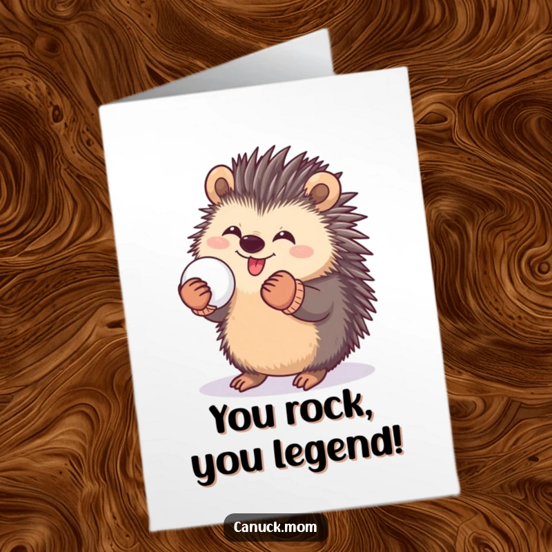 Funny Free Printable Congratulations Card: A happy porcupine wearing mittens, playfully holding a snowball, celebrating achievements.