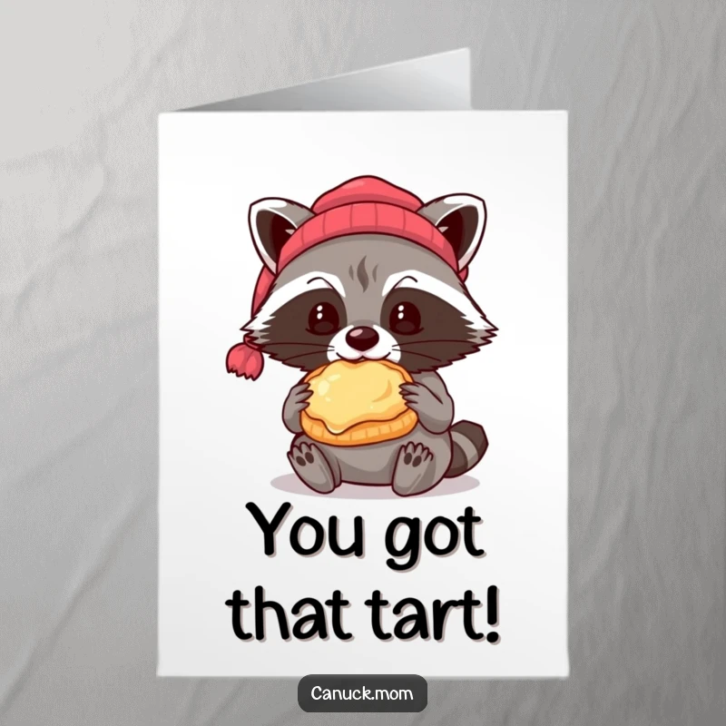 Funny Free Printable Congratulations Card: A raccoon in a beanie enjoying a butter tart, celebrating a sweet victory.