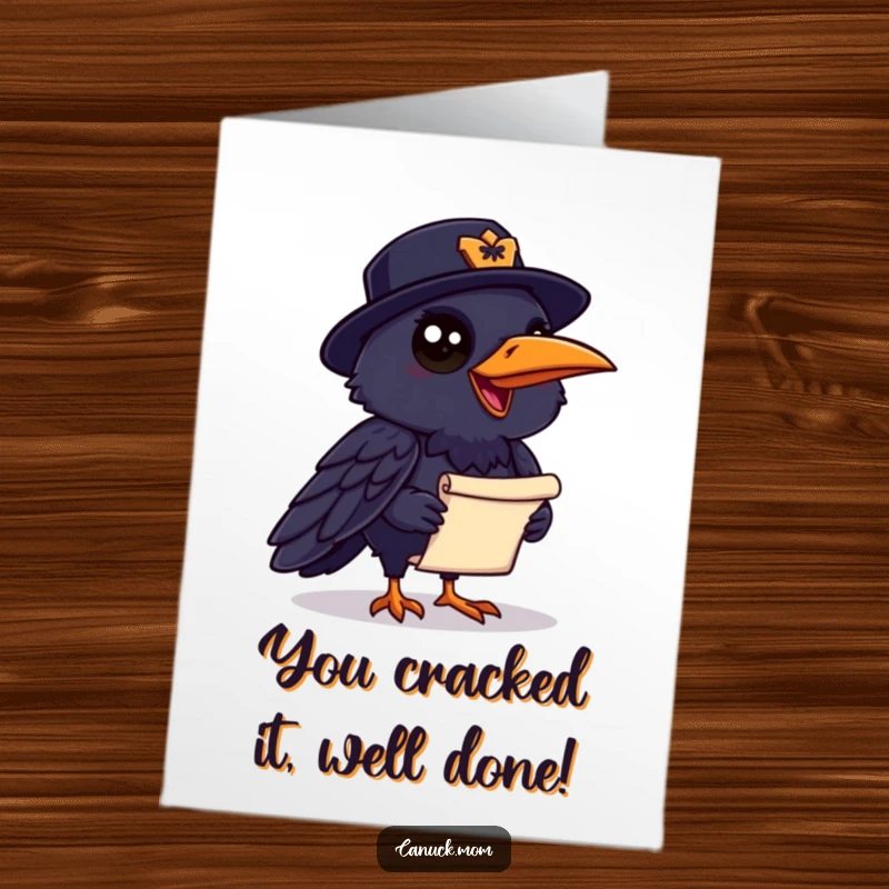 Funny Free Printable Congrats Card: Raven wearing a Mountie hat, clutches a small scroll with important news.