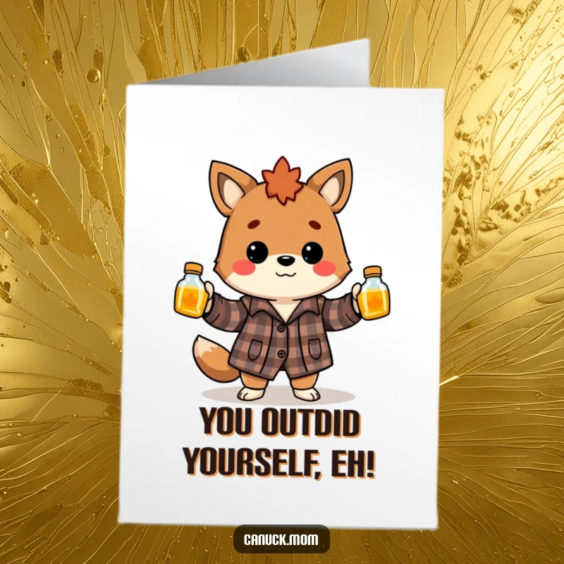 Funny Free Printable Congratulations Card: Canadian animal juggles syrup bottles, celebrating big wins with impressive and hilarious skill.