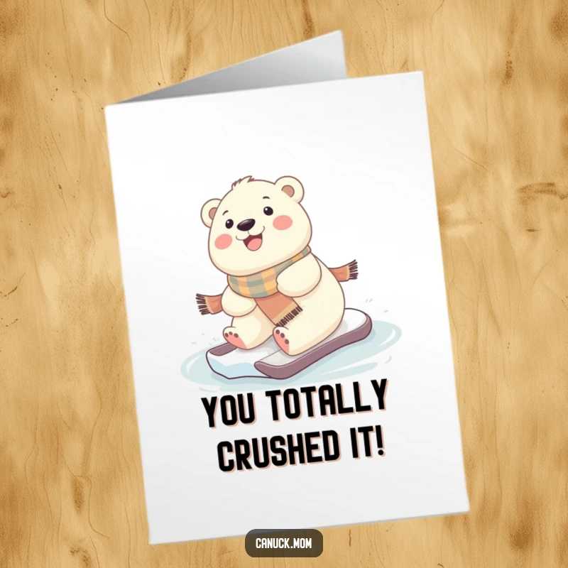 Funny Free Printable Congratulations Card: Adorable kawaii baby polar bear wearing a scarf, sliding on ice with excitement.