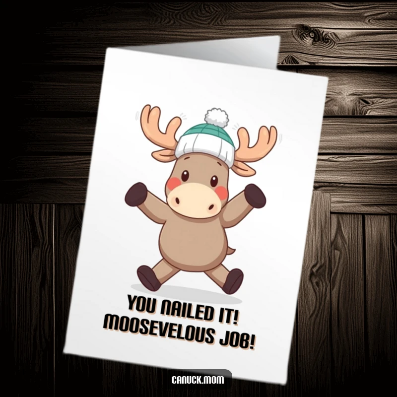 Funny Free Printable Congratulations Card showcasing a silly moose in a toque doing a delightful dance, perfect for celebrating wins.
