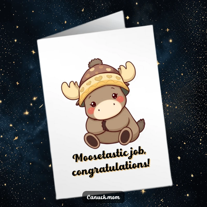 Free Printable Congratulations Card: A character in a toque sharing a big hug with a moose, celebrating your amazing achievement.