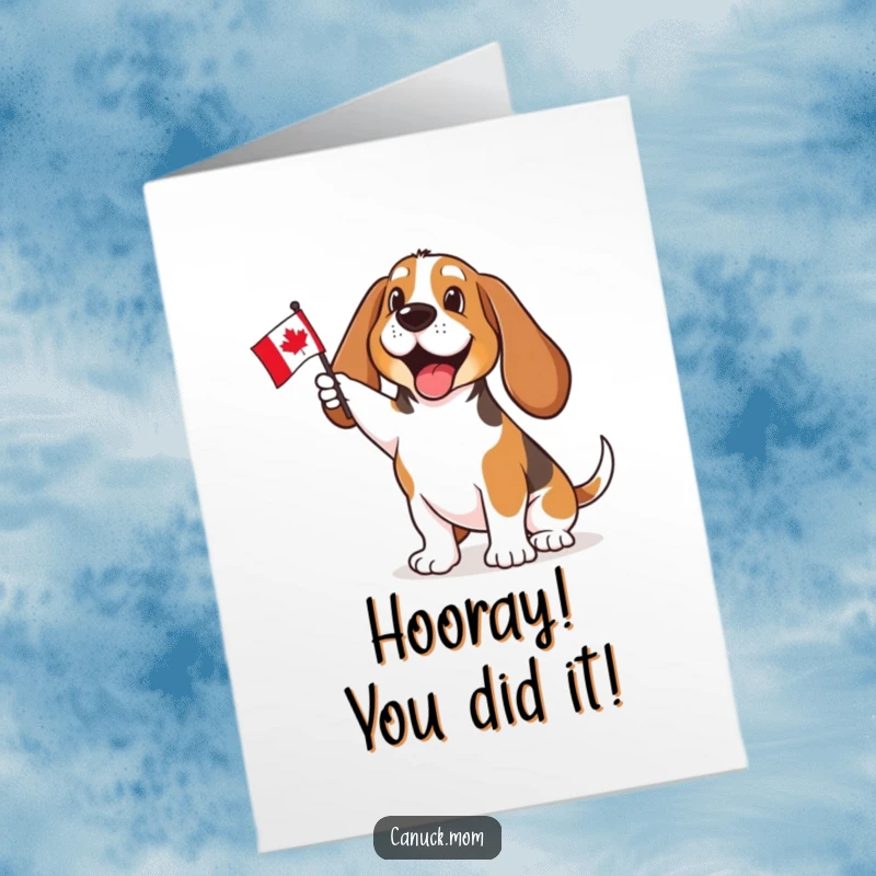 Funny Free Printable Congratulations Card: Joyful Basset Hound enthusiastically waving a small Canadian flag in celebration.