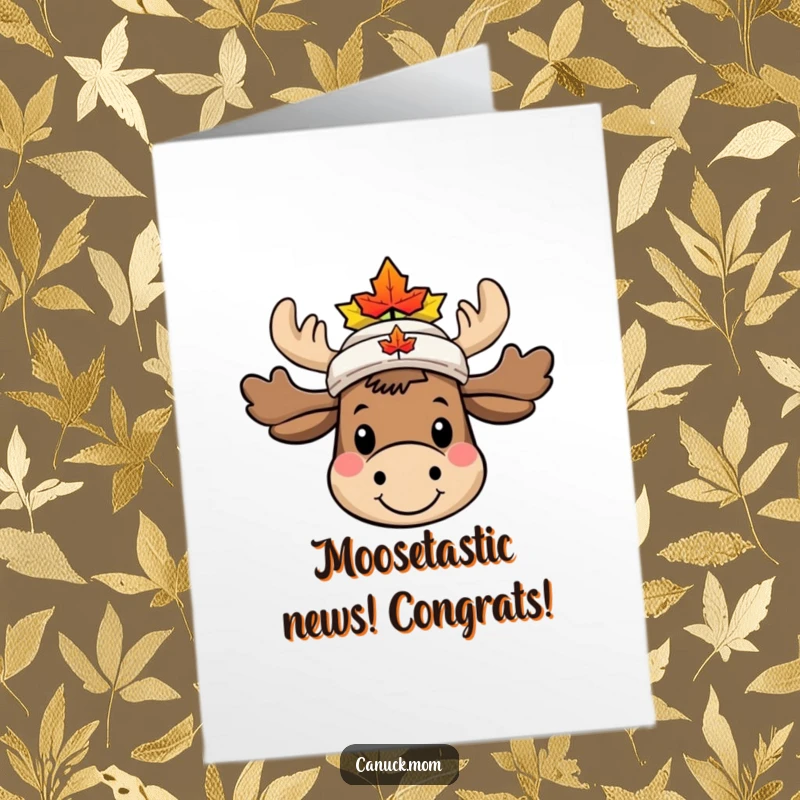 Funny Free Printable Congratulations Card: Cheerful moose in a maple leaf hat, celebrating achievements with a big, goofy grin.