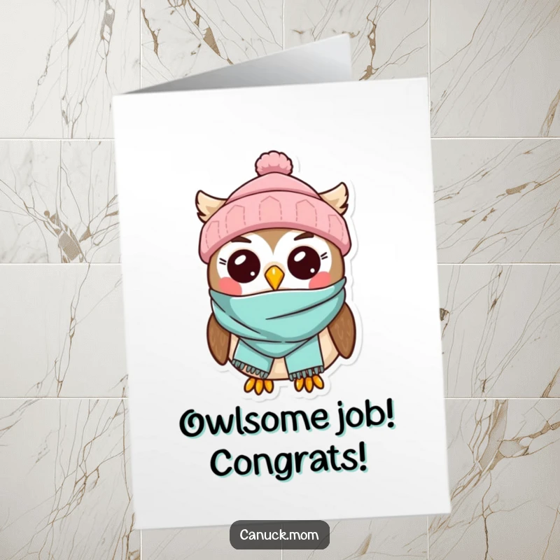 Funny Free Printable Congratulations Card: A kawaii owl wearing winter attire, offering congratulations with a cheerful, wide-eyed expression.