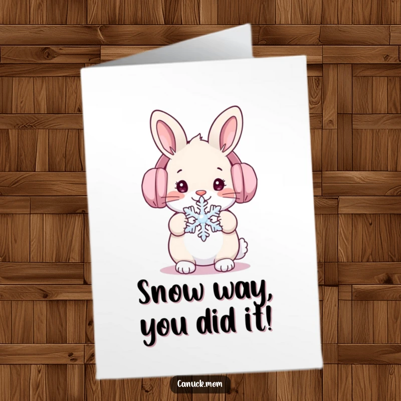 Funny Free Printable Congratulations Card: Adorable rabbit in ear muffs holding a snowflake for a wintery greeting.
