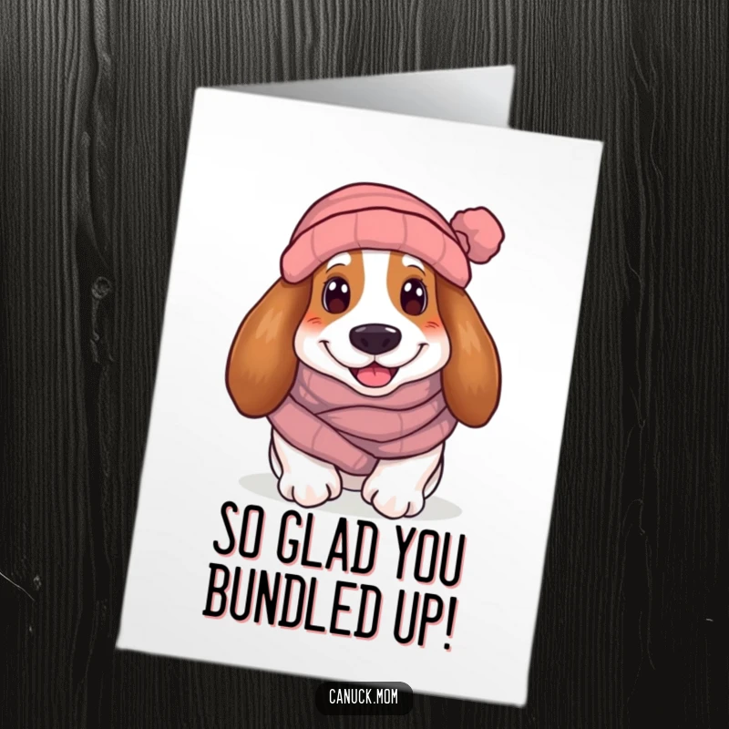 Funny Free Printable Congratulations Card: A Basset Hound in a scarf and toque offers a warm smile, congratulating your achievements.