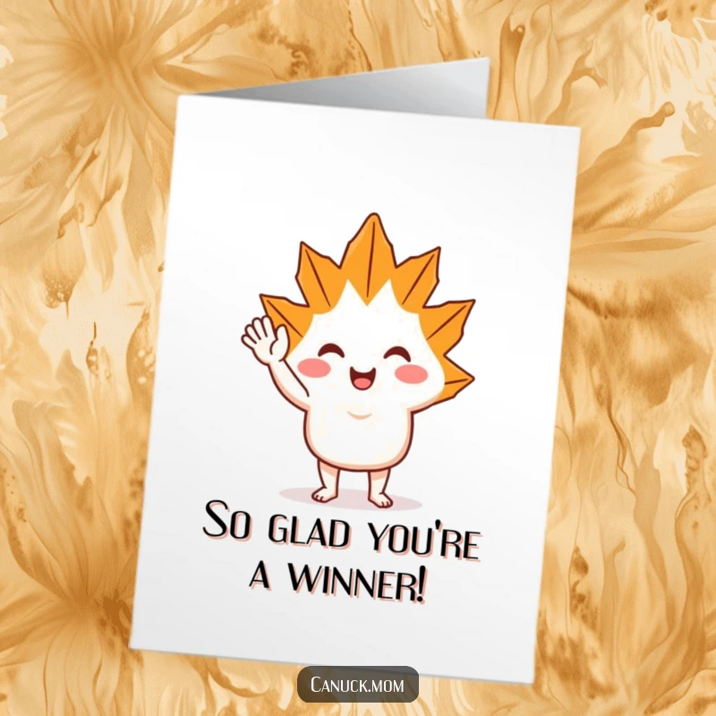 Free Printable Congratulations Card showing a happy maple leaf character waving enthusiastically, perfect for celebrating milestones.