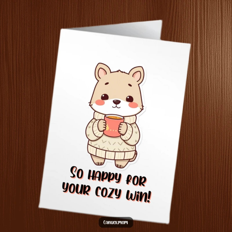 Funny Free Printable Congratulations Card: Animal in a cozy sweater shares a warm drink, celebrating achievements with comforting, happy vibes.