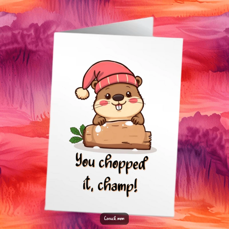 Funny free printable congratulations card, beaver wearing toque hat chopping a festive log, success, celebration, woodland achievement.