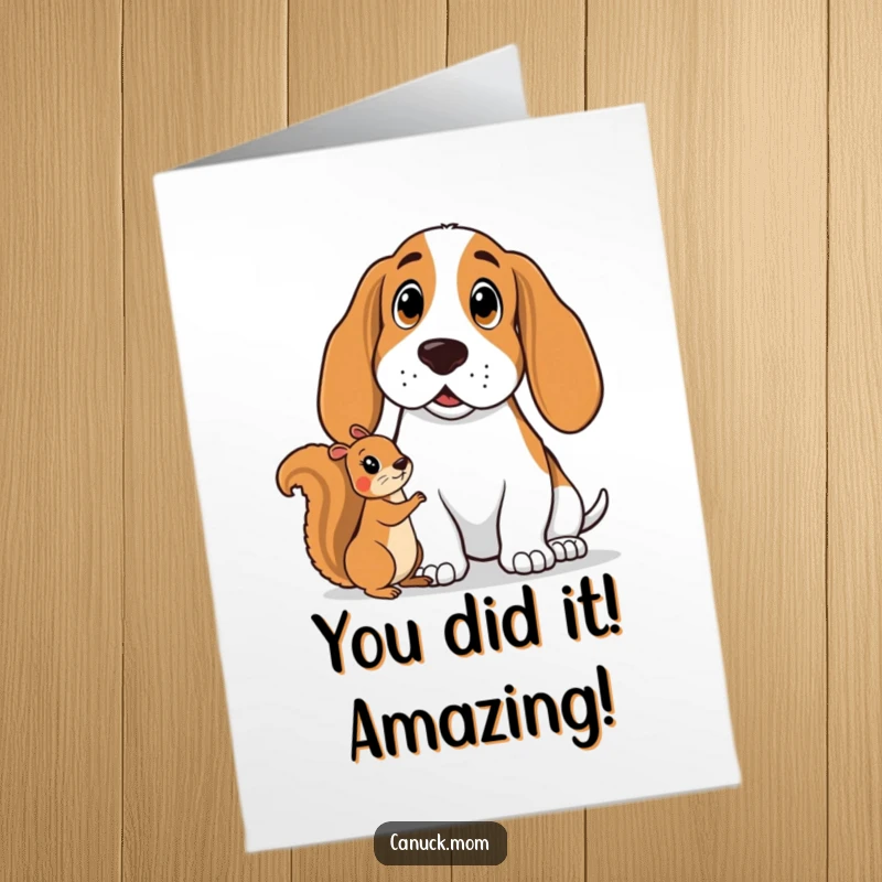 Free Printable Congratulations Card: A Basset hound's surprised face meets a friendly squirrel, pure unexpected joy.