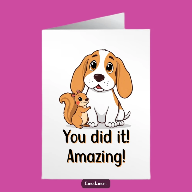 Free Printable Congrats Card: Shocked Basset Hound & Squirrel Funny Downloadable Gift