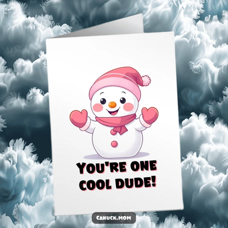 Funny Free Printable Congratulations Card: A small, happy snowman wearing mittens, waving a cheerful hello.