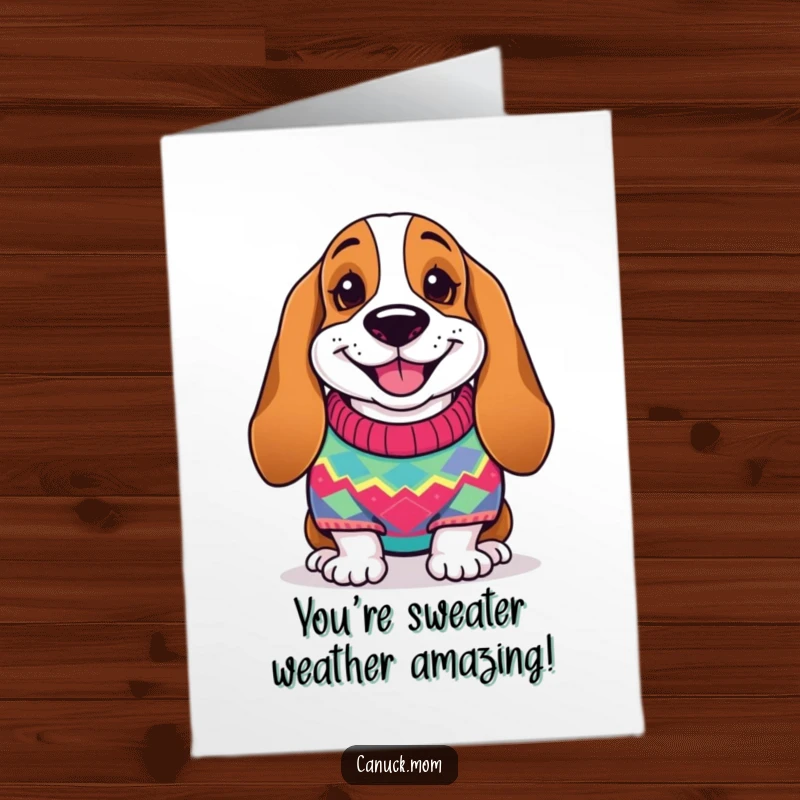 Funny Free Printable Congratulations Card: A Basset hound sporting a colorful sweater smiles warmly, celebrating success in style.