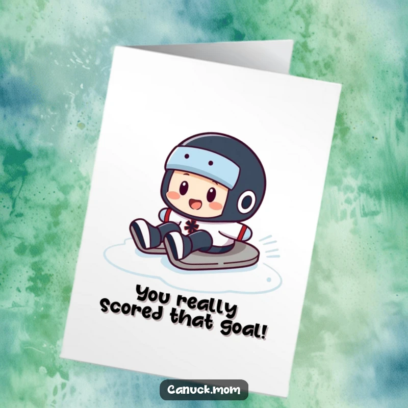 Free Printable Congratulations Card featuring a puck character doing a funny slide on ice, celebrating a triumphant victory.