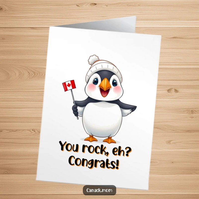Funny Free Printable Congratulations Card: A happy puffin in a toque proudly holds a mini Canadian flag, celebrating success.