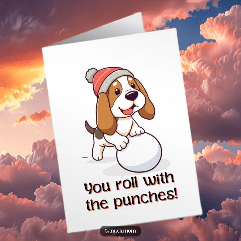 Funny Free Printable Congratulations Card: A Basset hound wearing a cap stumbles over a rolling snowball, a funny mishap.
