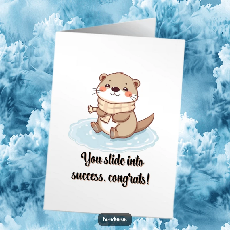 Funny Free Printable Congratulations Card: A happy otter in a scarf slides energetically on a frozen puddle, celebrating.