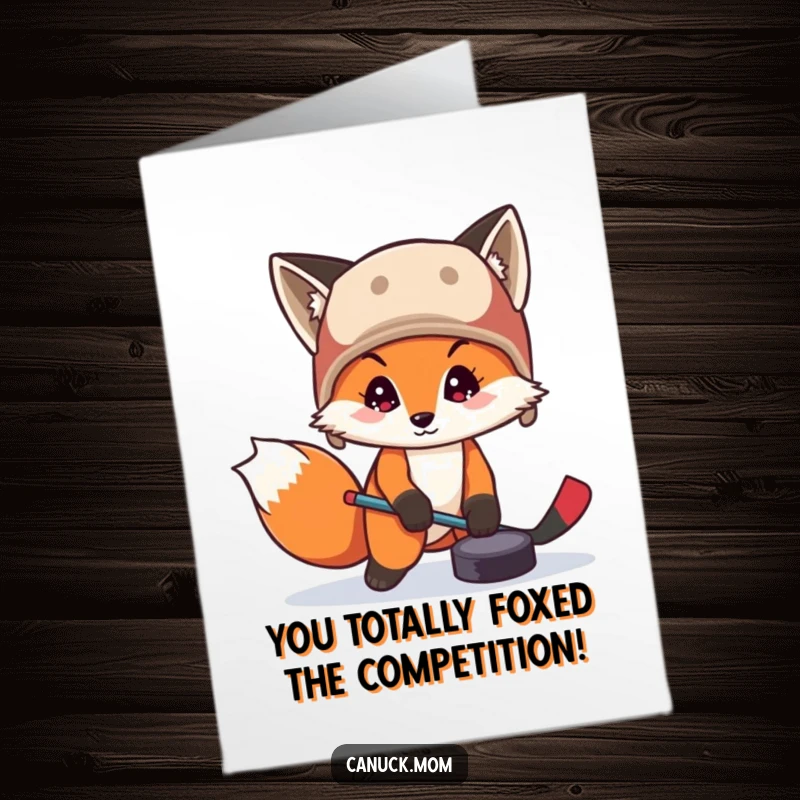 Funny Free Printable congratulations card showing a fox in a trapper hat expertly playing with a hockey puck, celebrating victory.