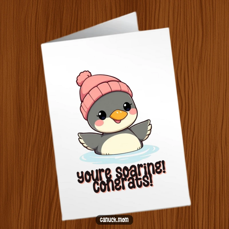 Funny Free Printable Congratulations Card: Cheerful loon wearing a beanie, floating joyfully to celebrate success.