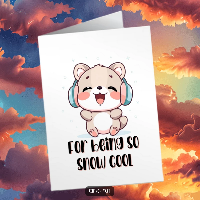 Funny Free Printable Thank You Card: Amused animal in earmuffs catching snowflakes, conveying thanks with winter joy. DIY.