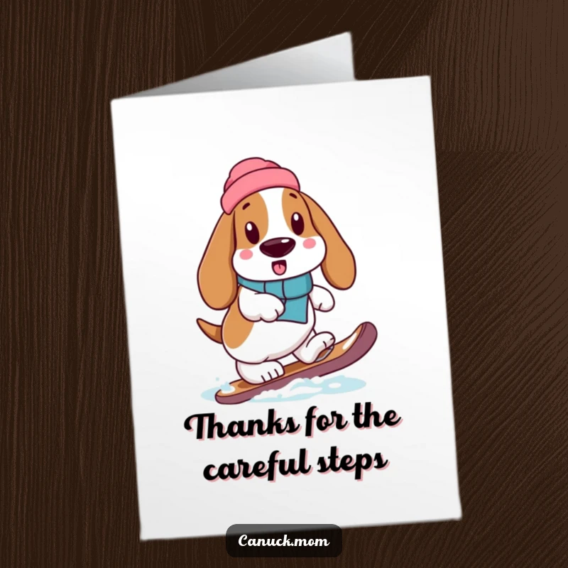 Funny Free Printable Thank You Card: Basset Hound with Snowshoe, Moving with Deliberate Care