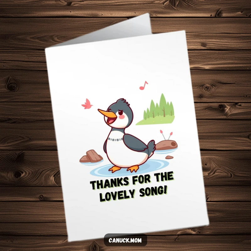 Funny Free Printable Thank You Card: A Kawaii loon sings a cheerful tune by the lake, offering thanks.