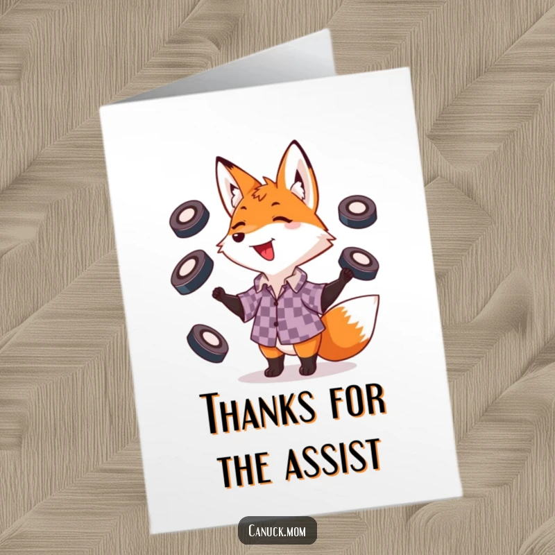 Funny Free Printable Thank You Card: A clever fox in a checkered shirt juggling hockey pucks to show gratitude.