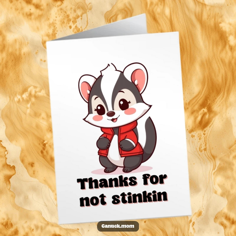 Funny Free Printable Thank You Card: A friendly skunk in a red jacket says thank you with a smile.