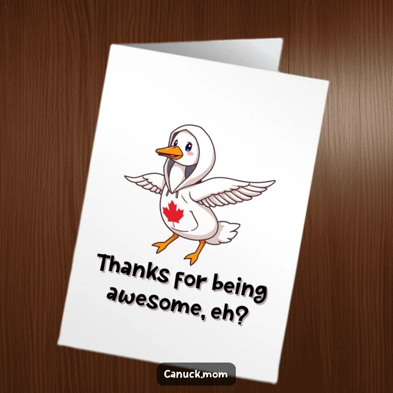 Funny Free Printable Thank You Card: A goose wearing a cool Canadiana hoodie, flying north.