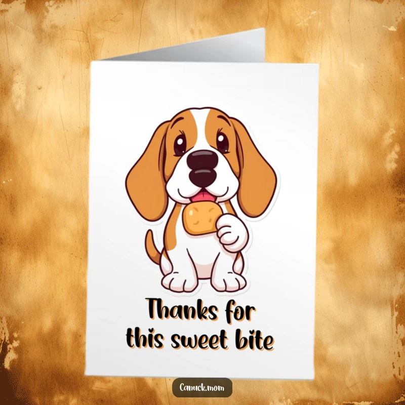 Funny Free Printable Thank You Card of a Basset Hound looking utterly delighted, holding a delicious Timbit in its paw.