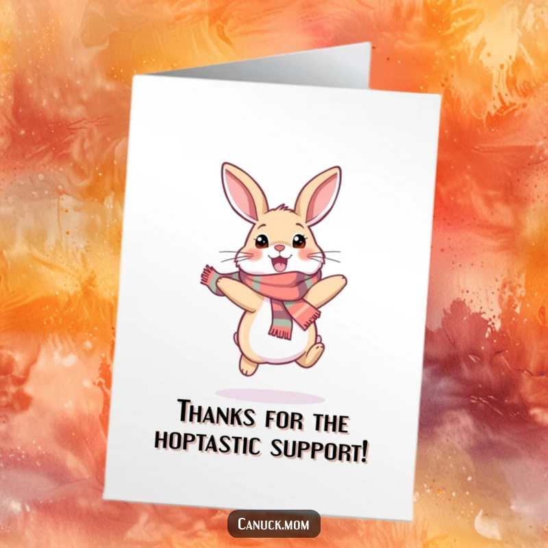 Funny Free Printable Thank You Card with a happy snowshoe hare wearing a scarf, hopping excitedly to express thanks.