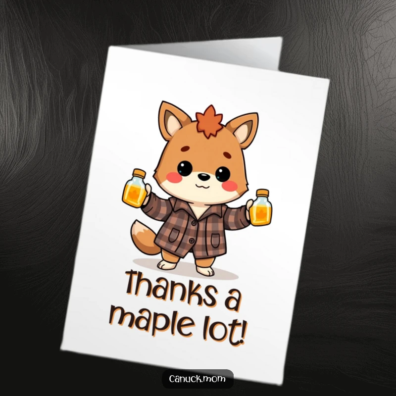 Funny Free Printable Thank You Card: Canadian animal expertly juggles syrup, expressing gratitude with a playful, sticky, and hilarious vibe.