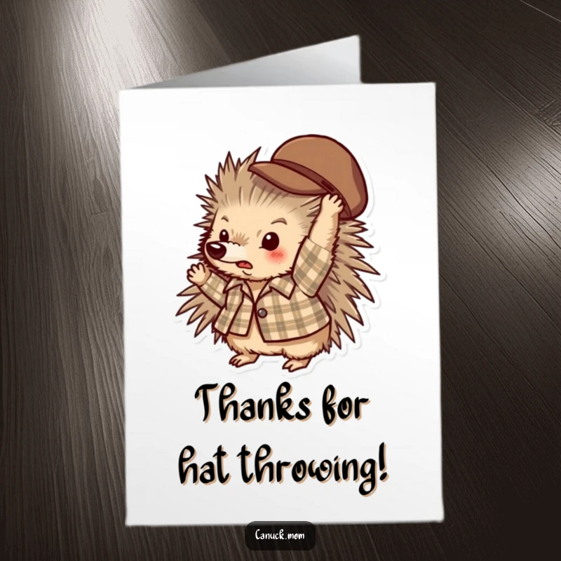 Funny Free Printable Thank You Card: A porcupine in a plaid shirt tossing a hat, sending a thank you with a smile.